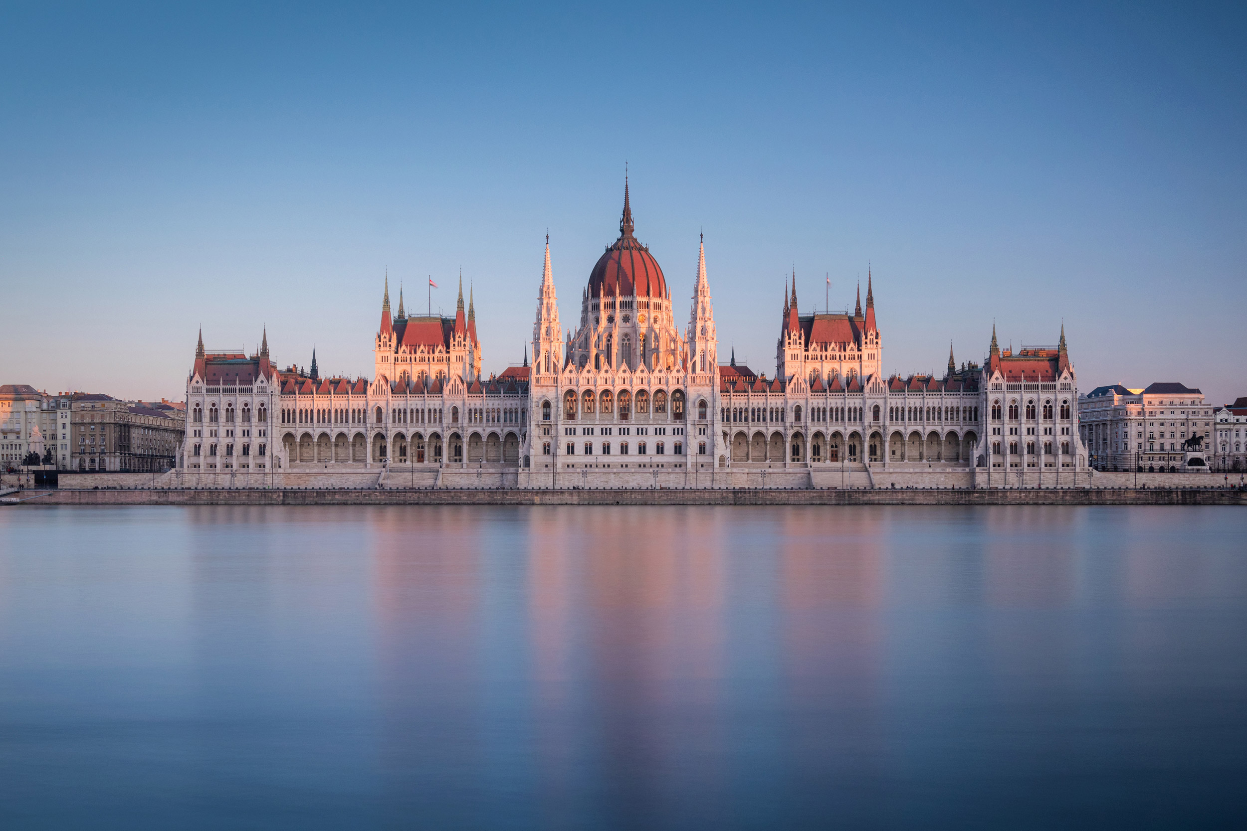 The Hungarian Parliament Building on the bank of the Danube at t