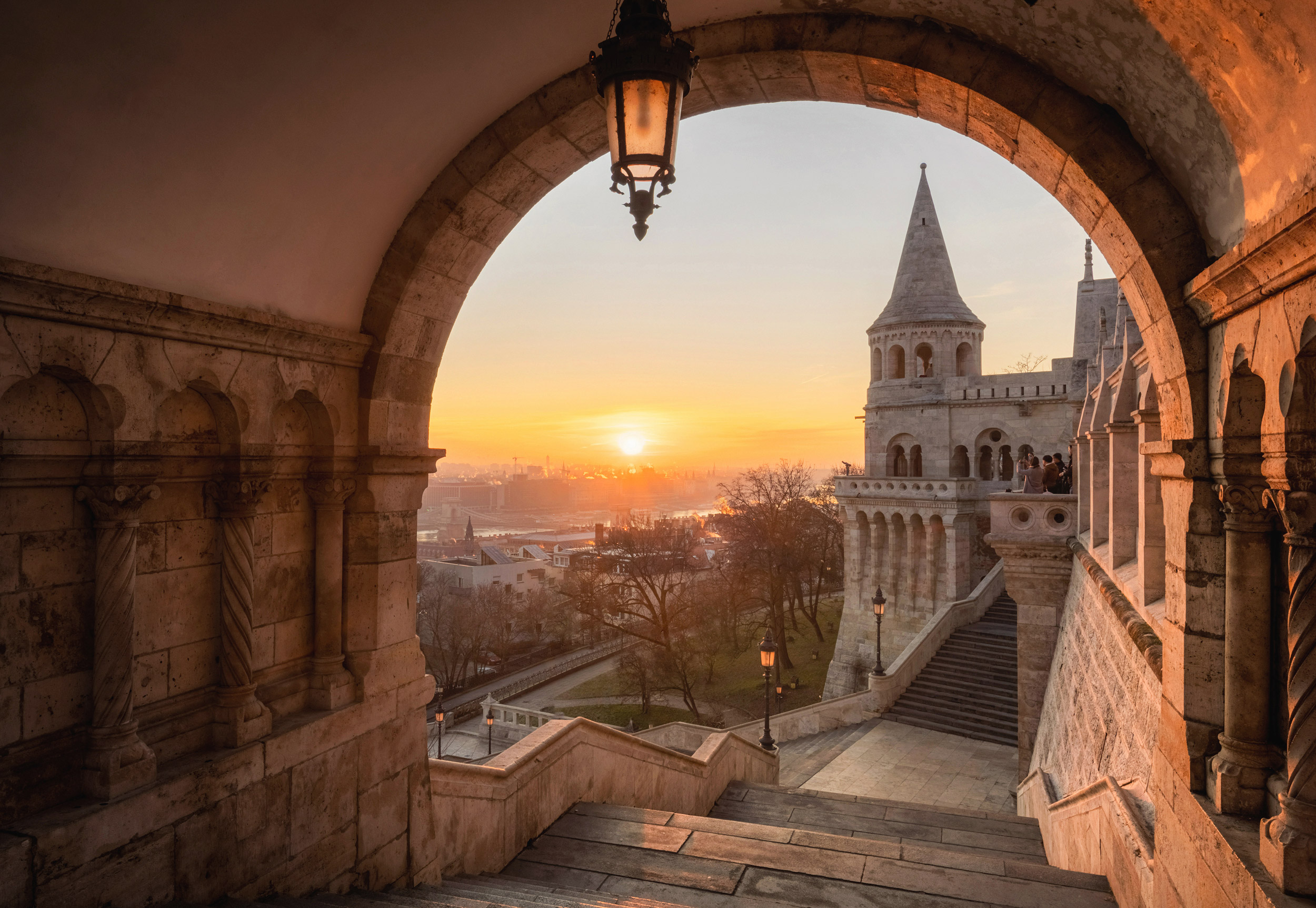 The north gate of the Fisherman’s Bastion at morning winter ligh