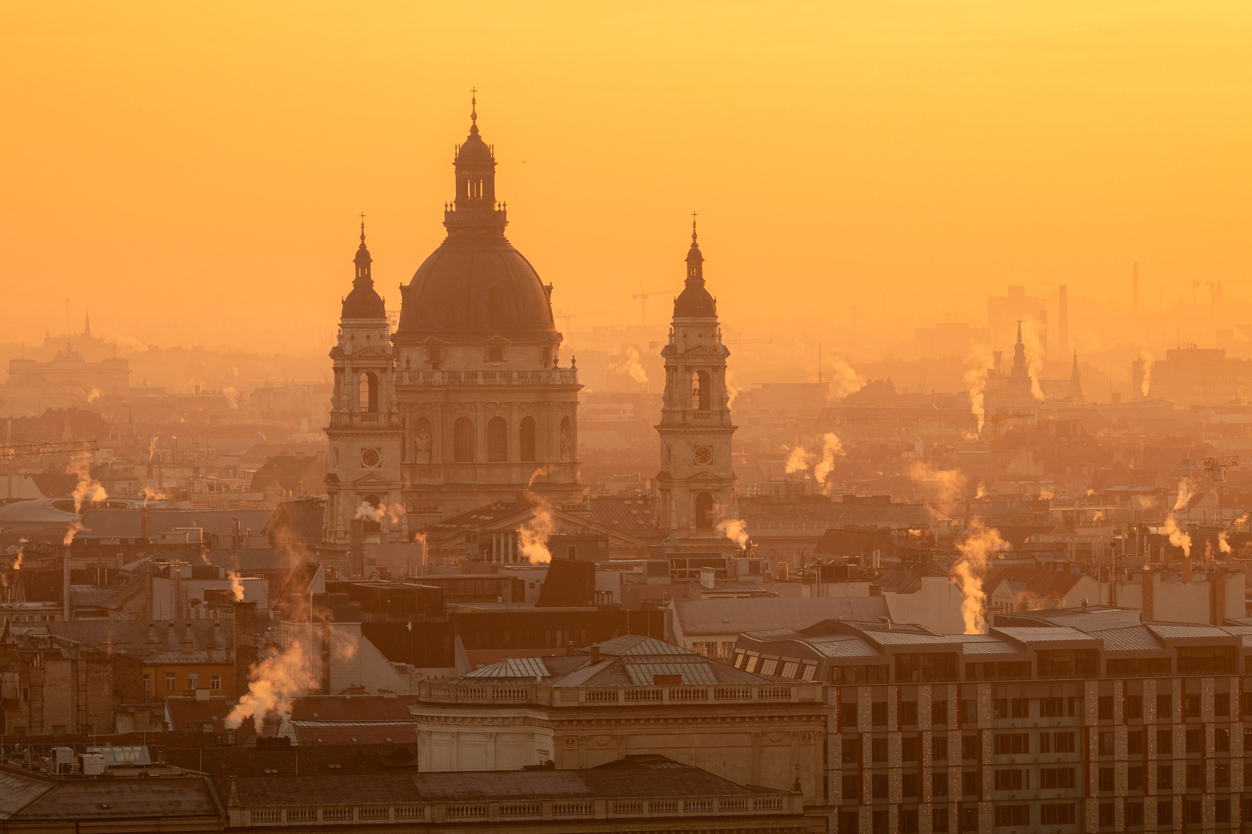 Beautiful golden sunrise over Basilica St Stefan in Budapest, Hu