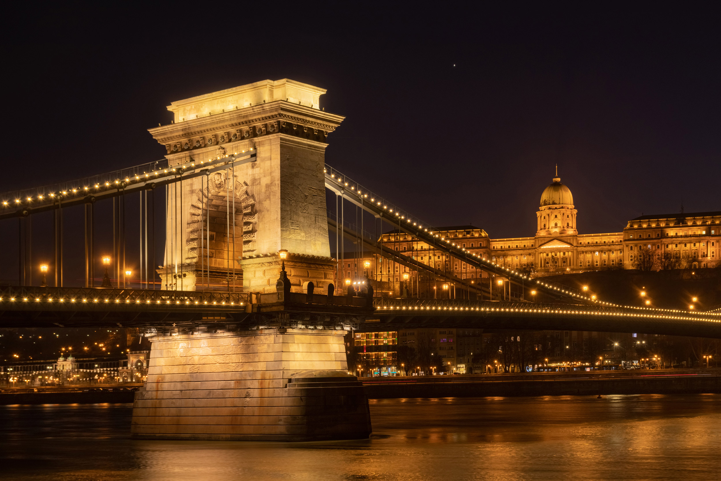 The Szechenyi Chain Bridge (Budapest, Hungary) with Buda Castle