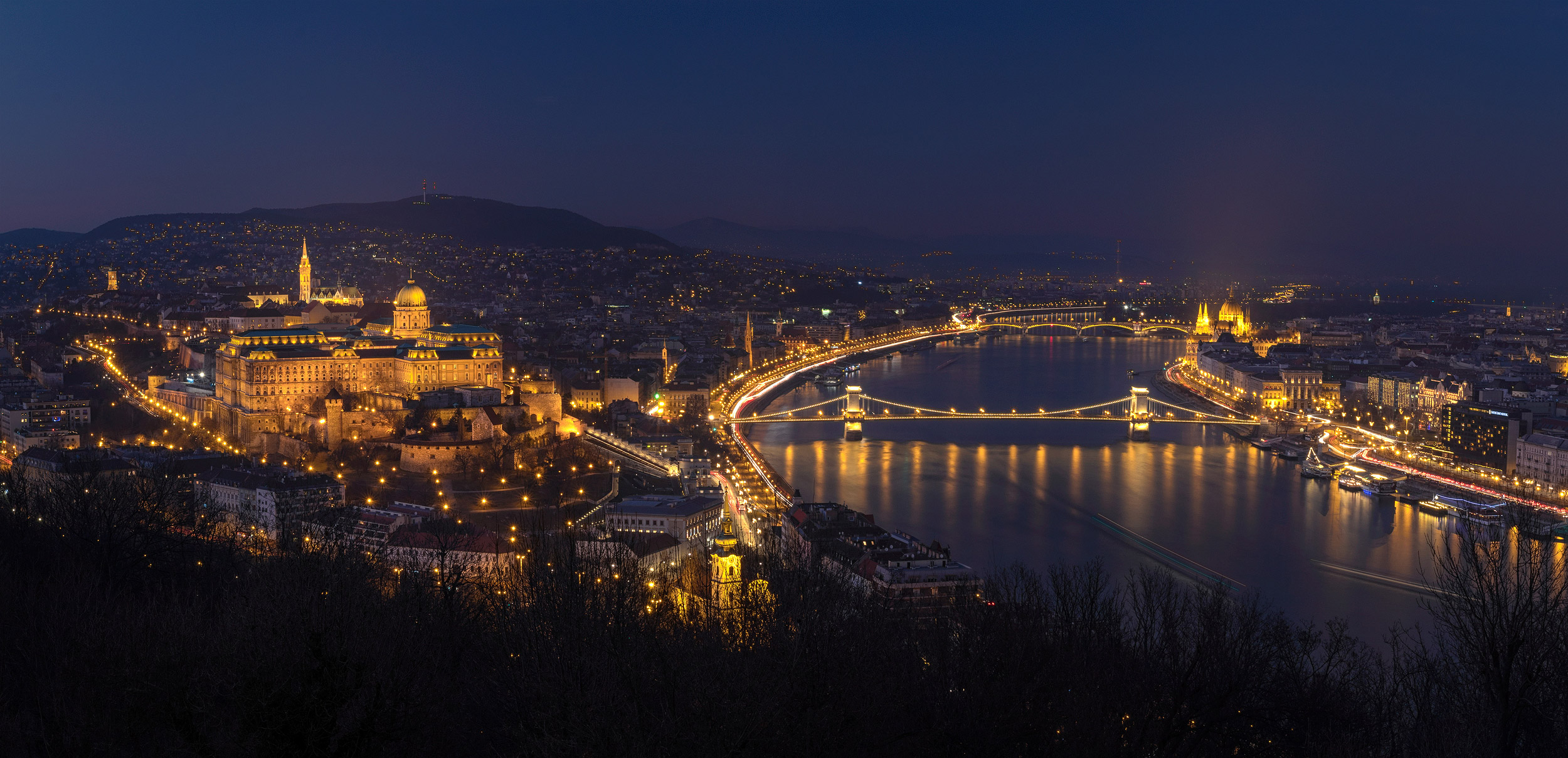 Beautiful night view of Budapest from Gellert hill, Hungary