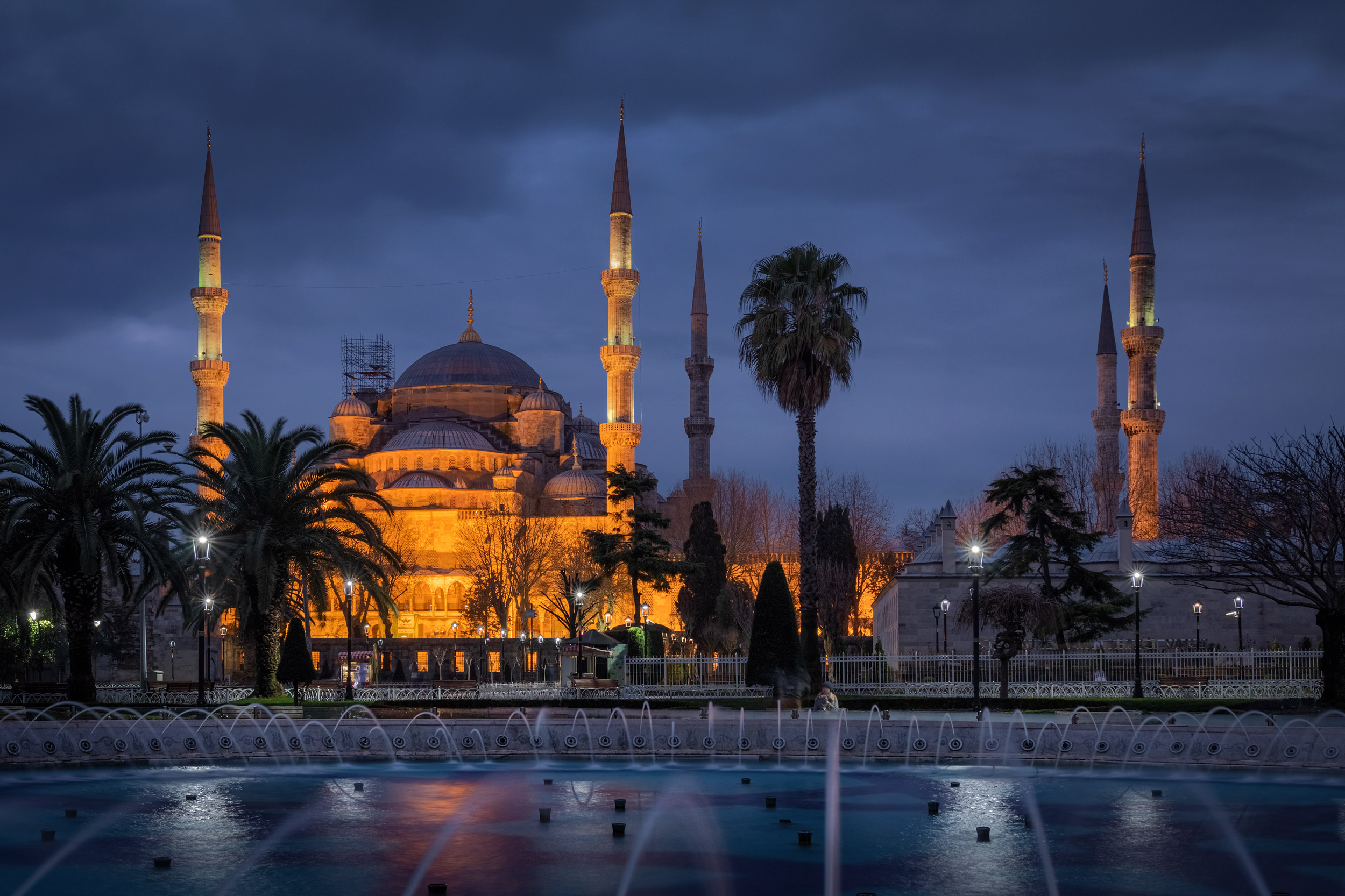 Beautiful view on Blue mosque at the rainy evening after the sun