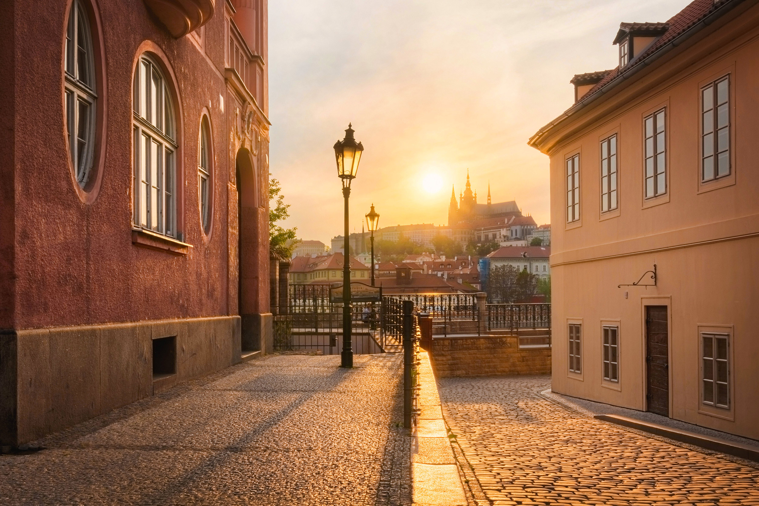 Beautiful sunset over the Prague castle and St. Vitus cathedral,