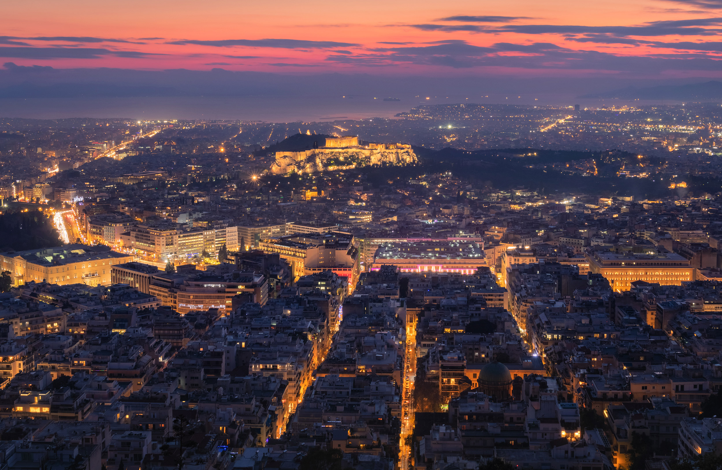 Aerial view of the Acropolis and city of Athens seen at dawn fro