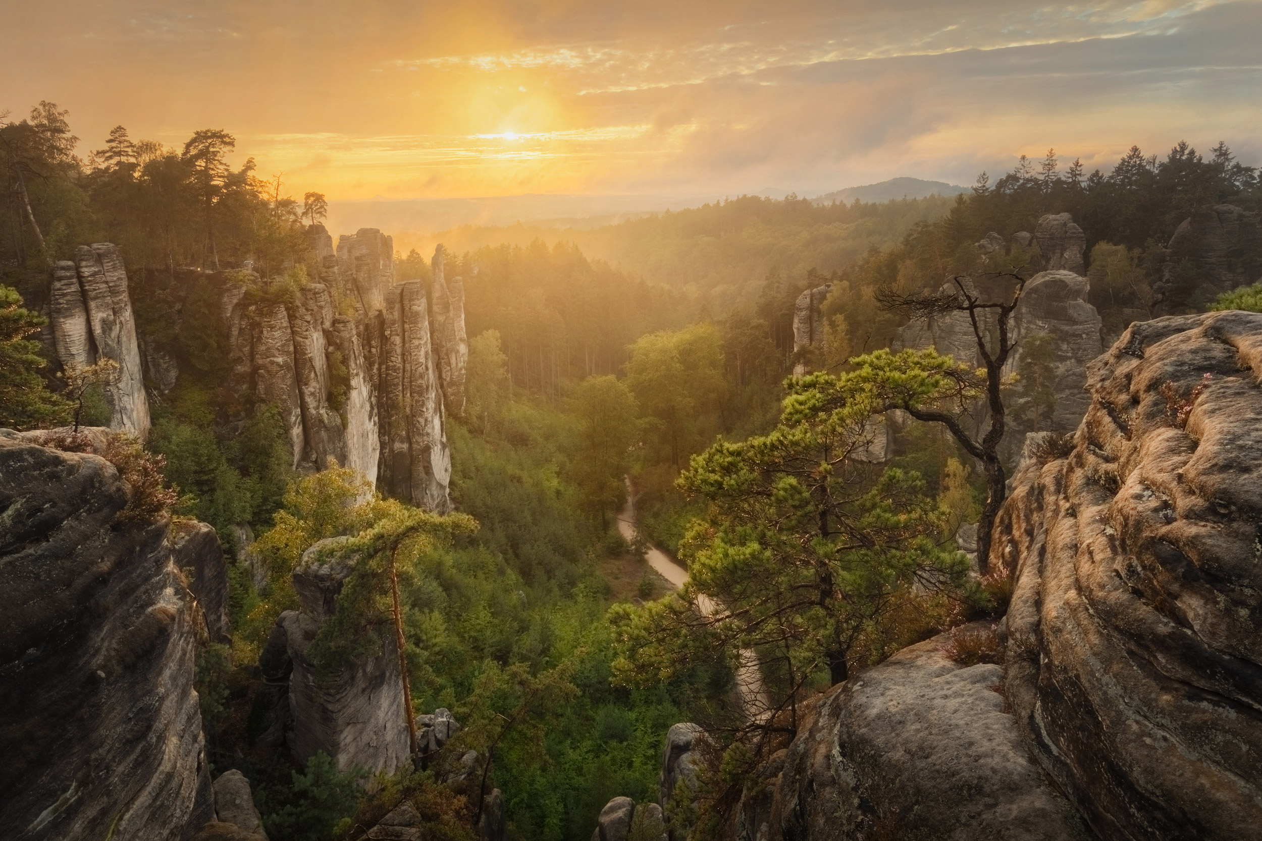 Fairy sunset over Prachovske skaly – Rock towns and formations,