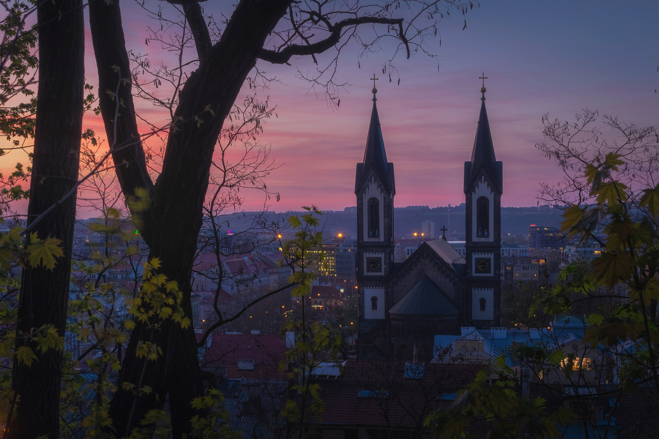Beautiful purple sunset over Church of Saints Cyril and Methodiu