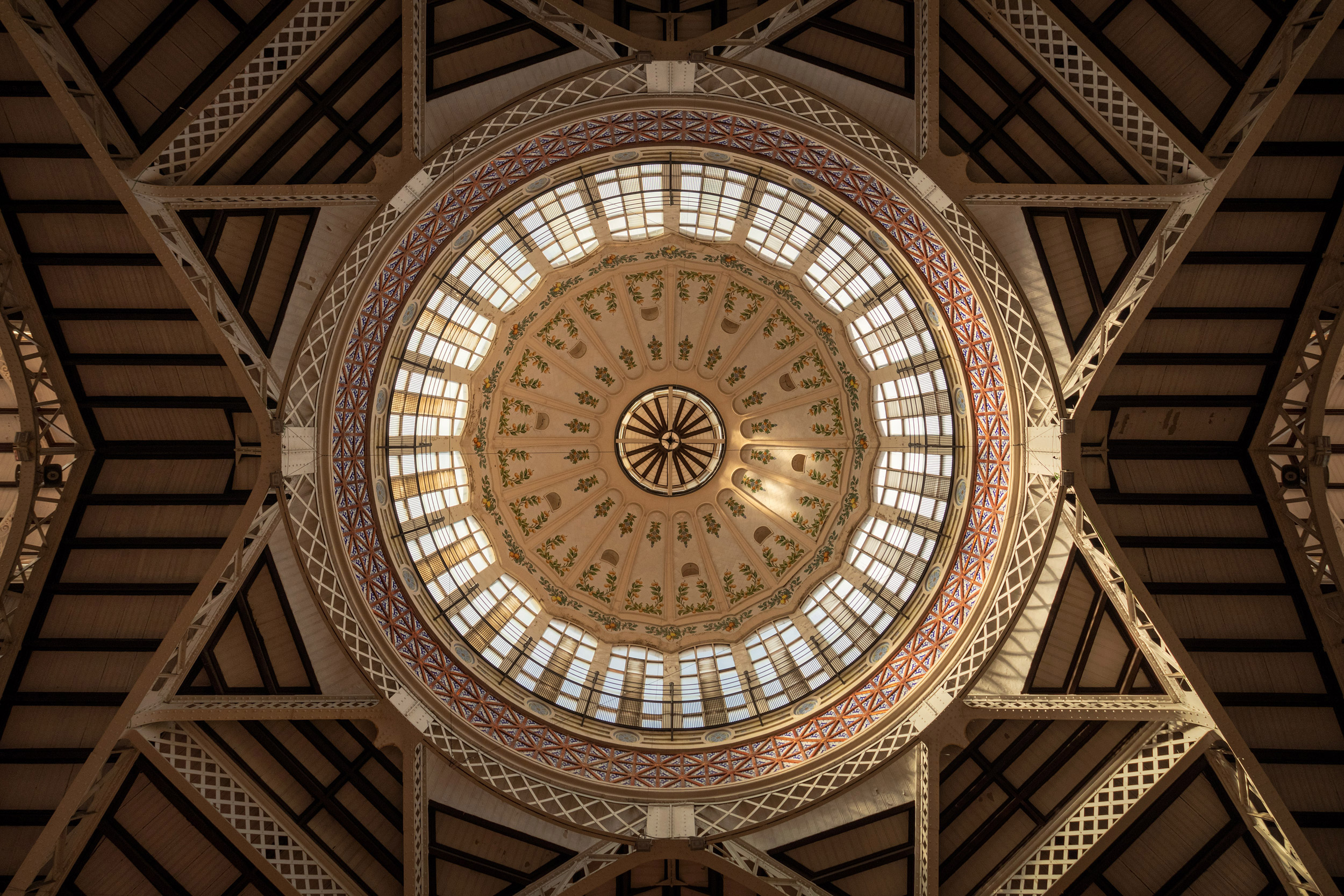 Interior view of the dome of the central market of Valencia in b