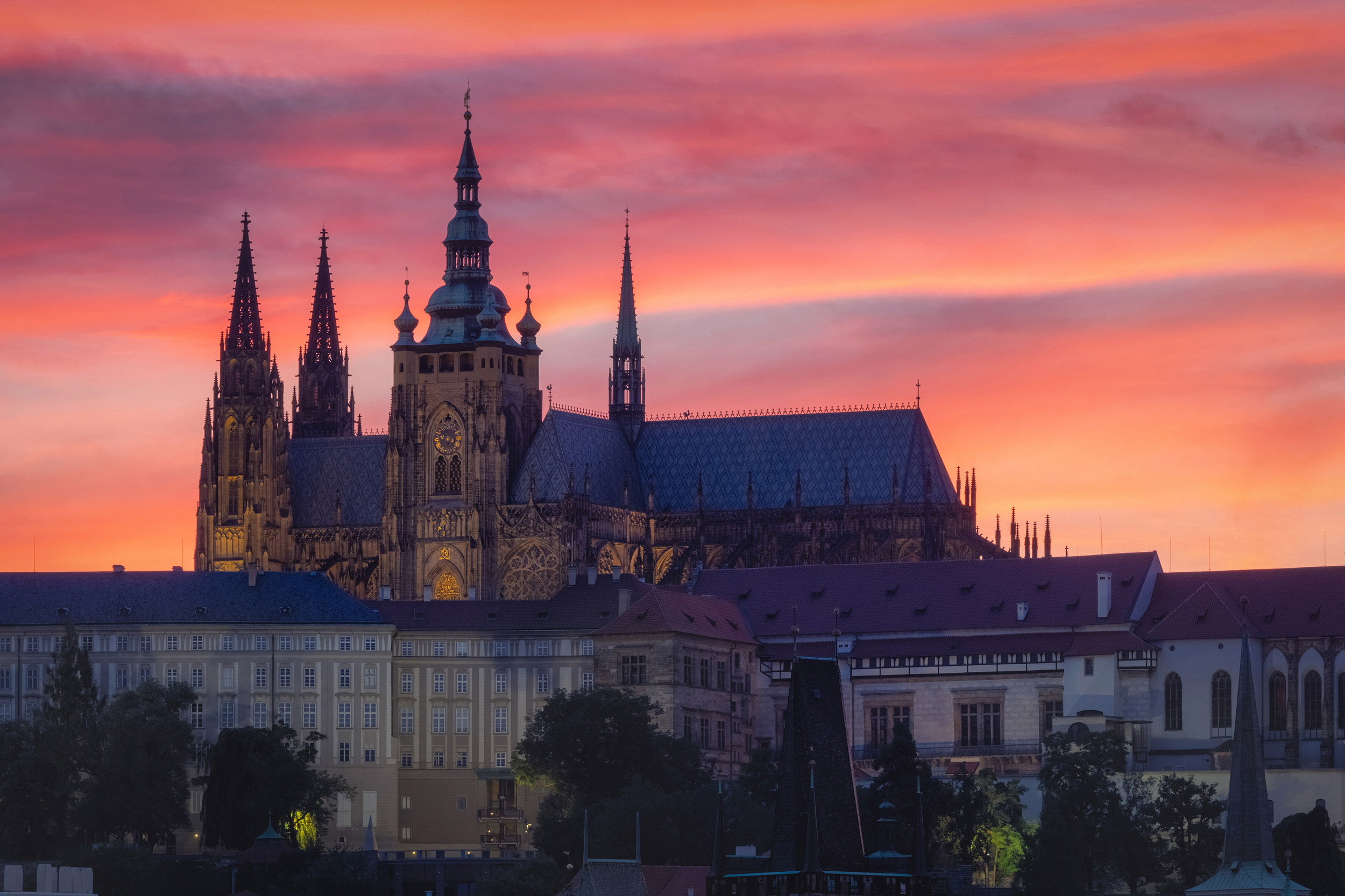 Close view of Prague Castle at beautiful purple sunset – Czech r