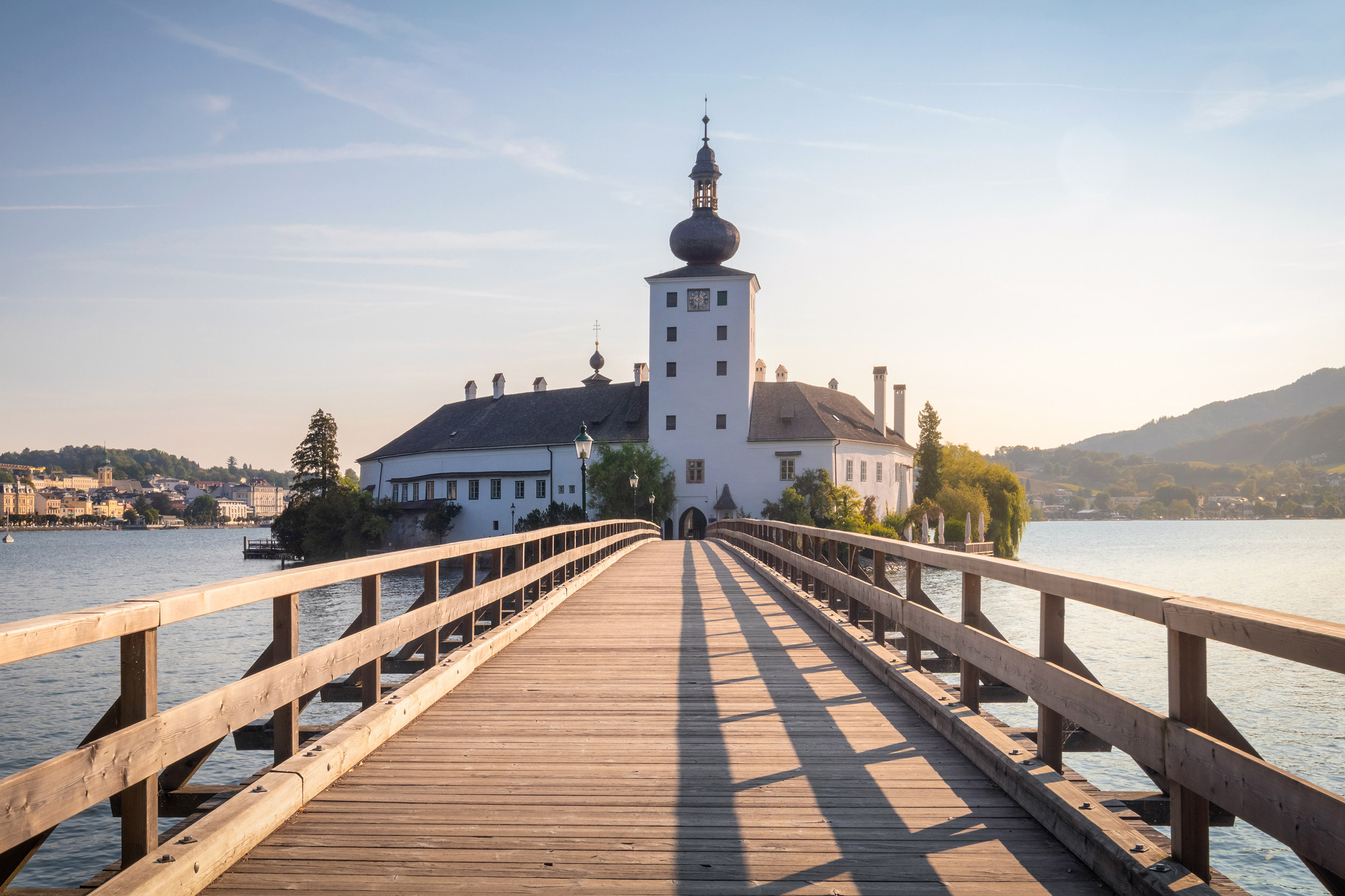 Wooden bridge to Traunsee castle at the morning, Gmunden