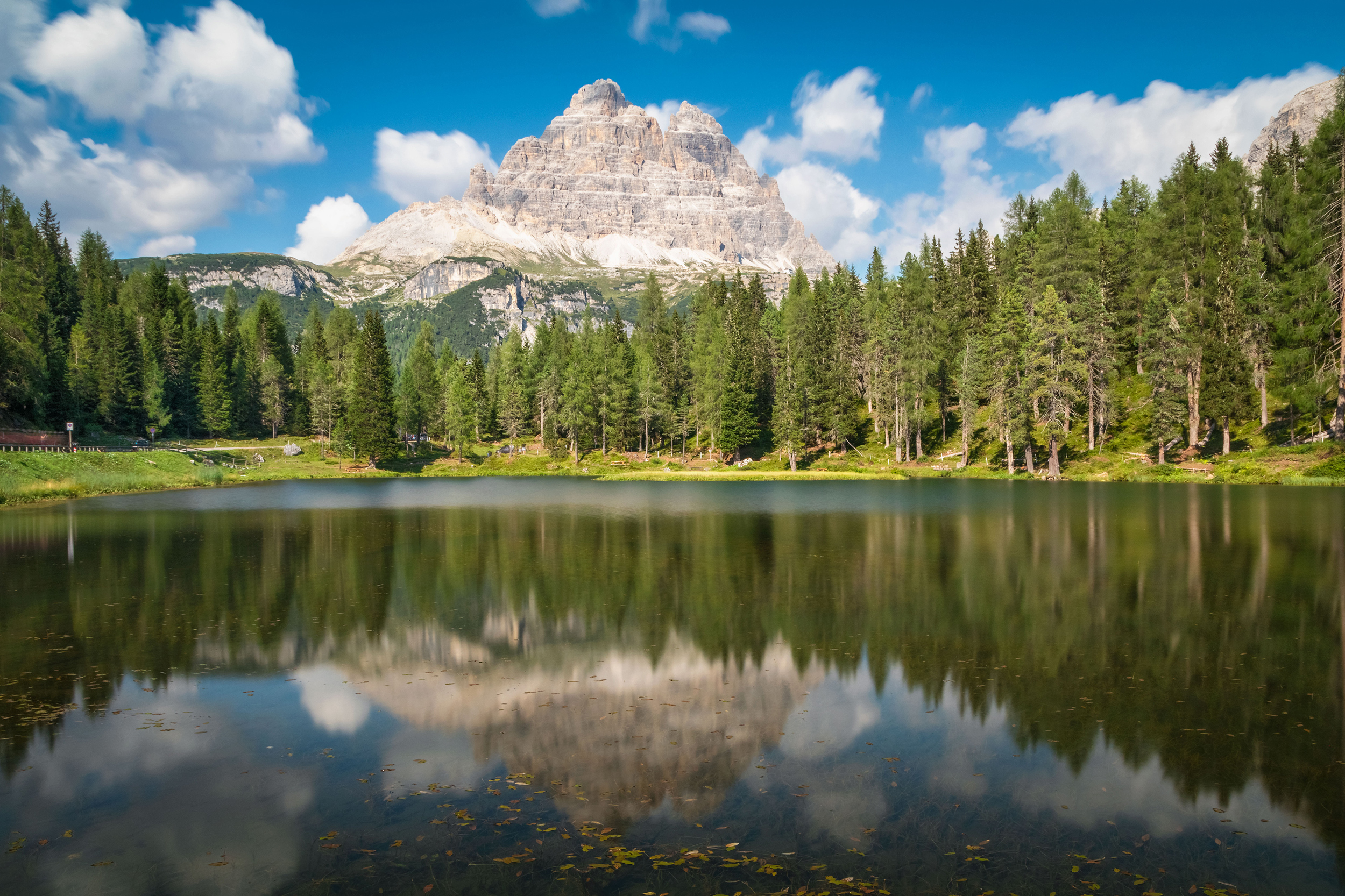 Majestic landscape of Antorno lake with famous Dolomites mountai