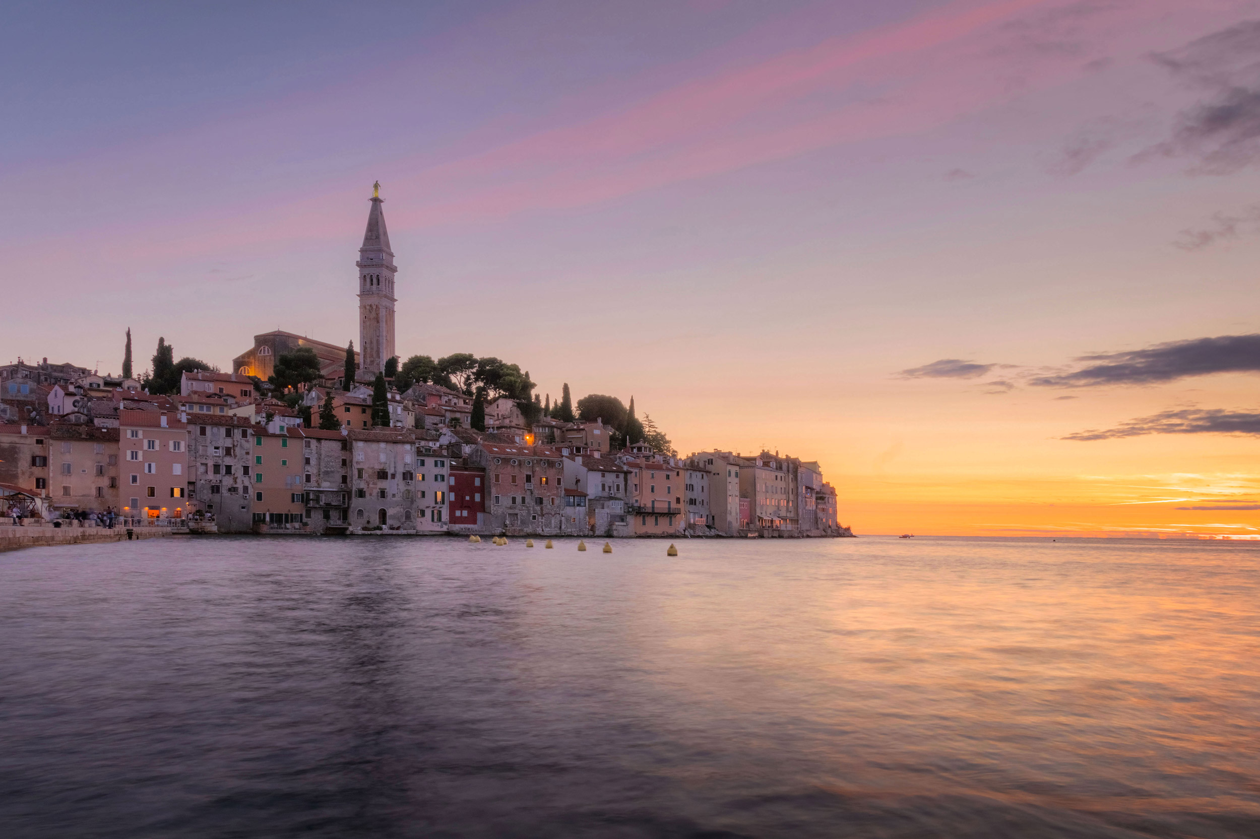 Fantastic summer sunset of Rovinj town, Croatian fishing port on