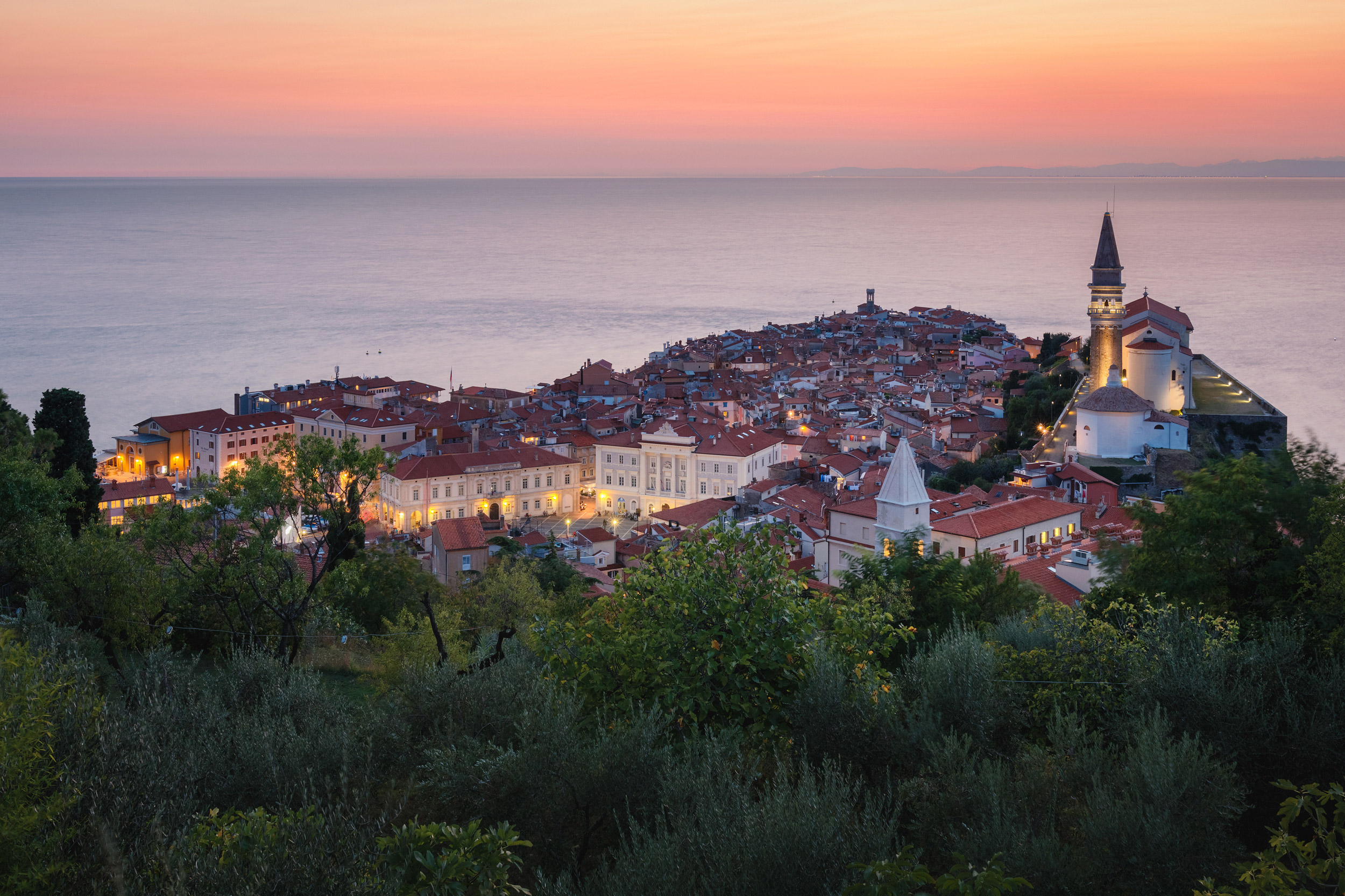Romantic colorful sunset over picturesque old town Piran, Sloven