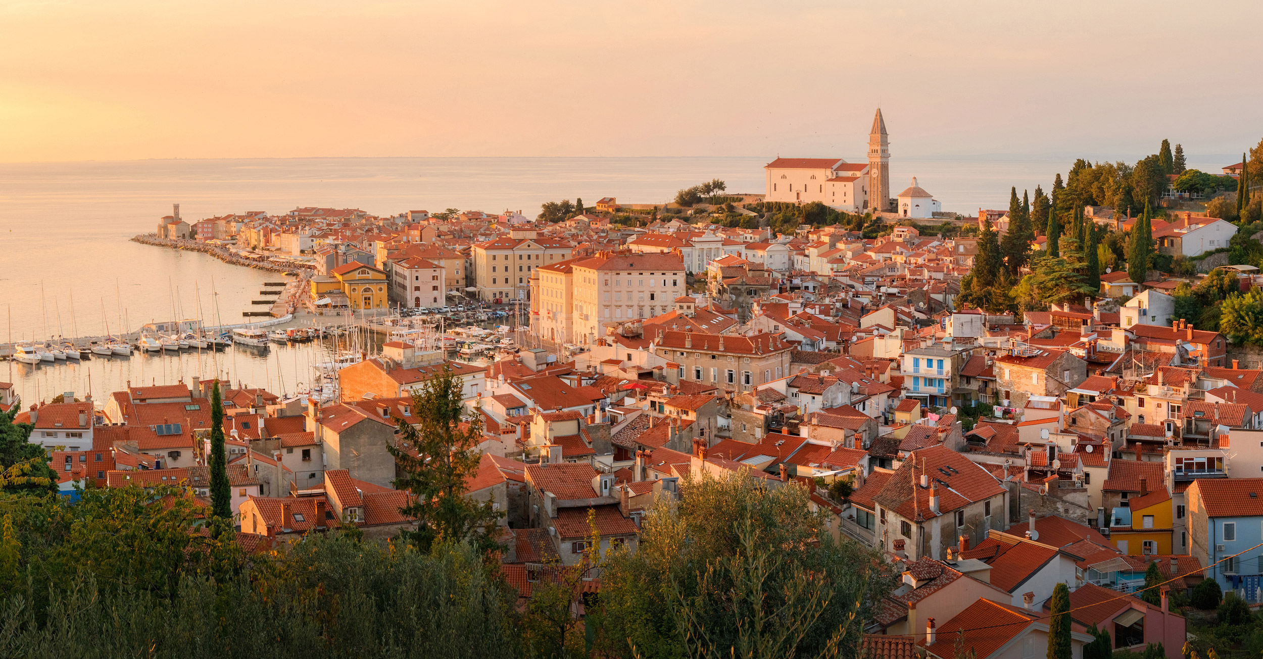 Beautiful aerial view on Piran town at the sunset, ancient build