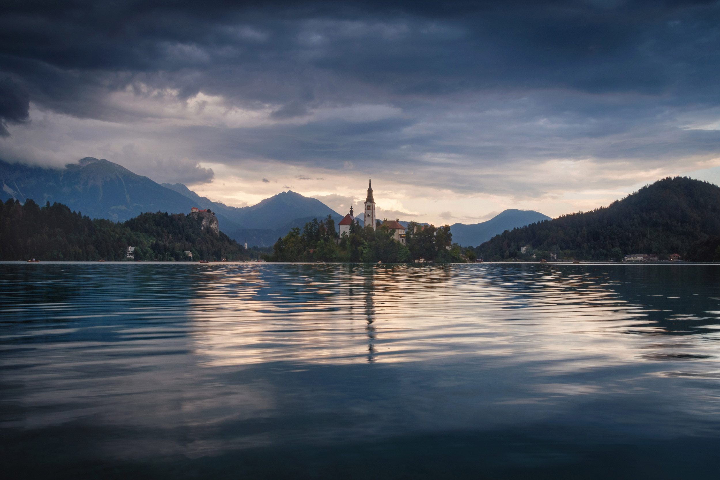 Amazing View On Bled Lake on Sunset. Europe. View on Island with