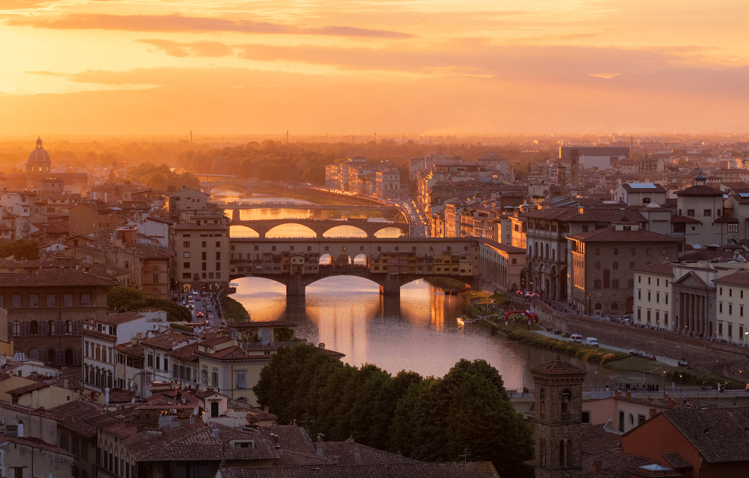 Beautiful sunset view of bridge Ponte Vecchio. Florence, Italy