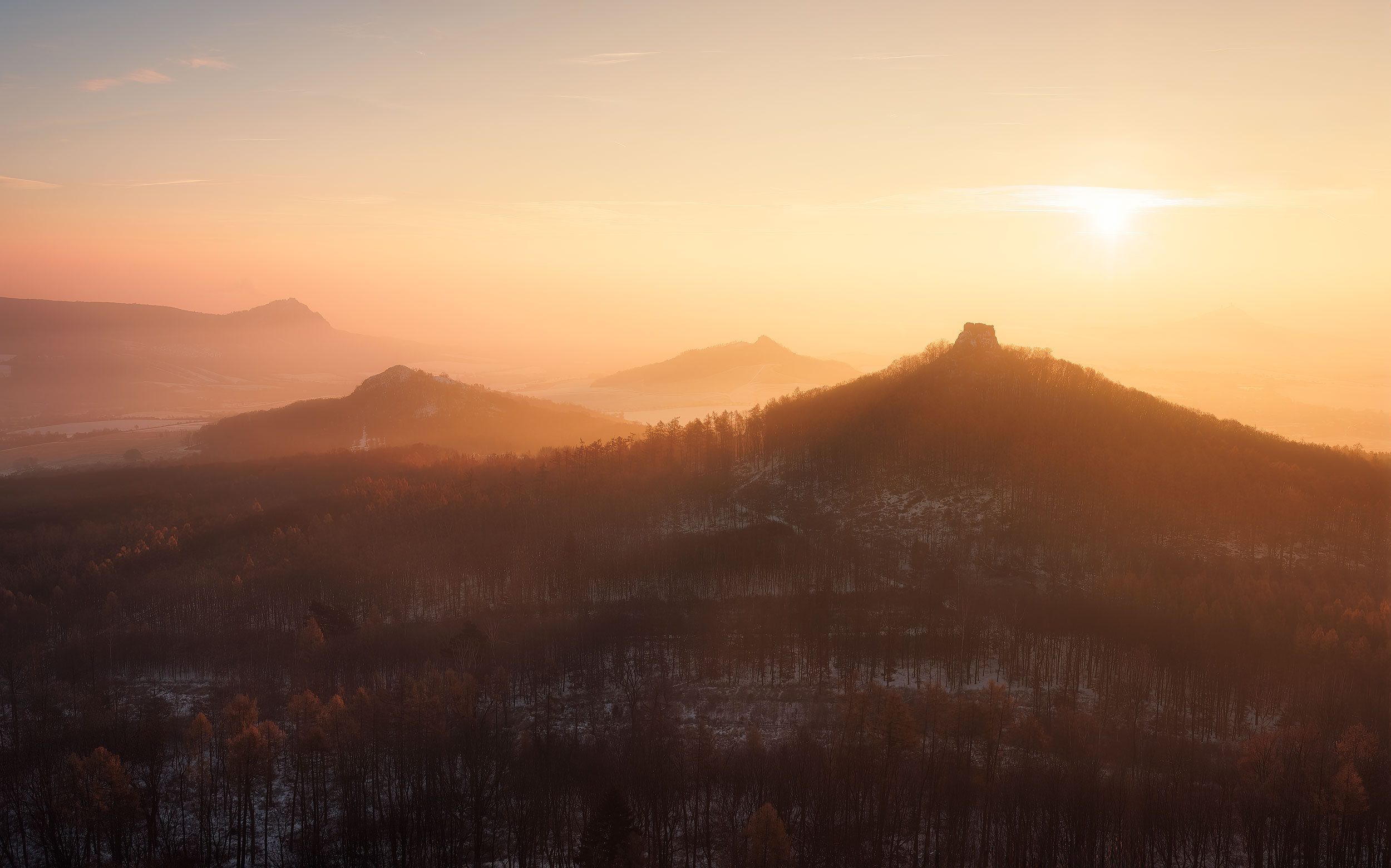 Srdov, Oblík and Raná hills after rain at sunset, Lounsko, Central Bohemian Uplands, Czech Republic
