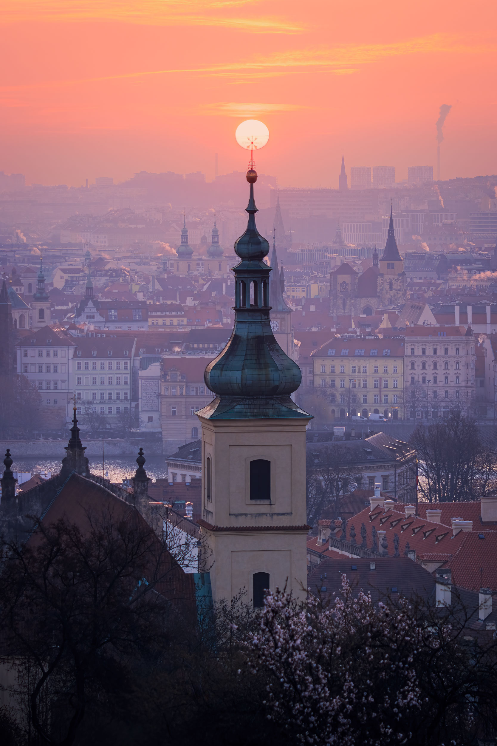 Spring morning view on Church of Our Lady Victorious at Petrin hill in Prague