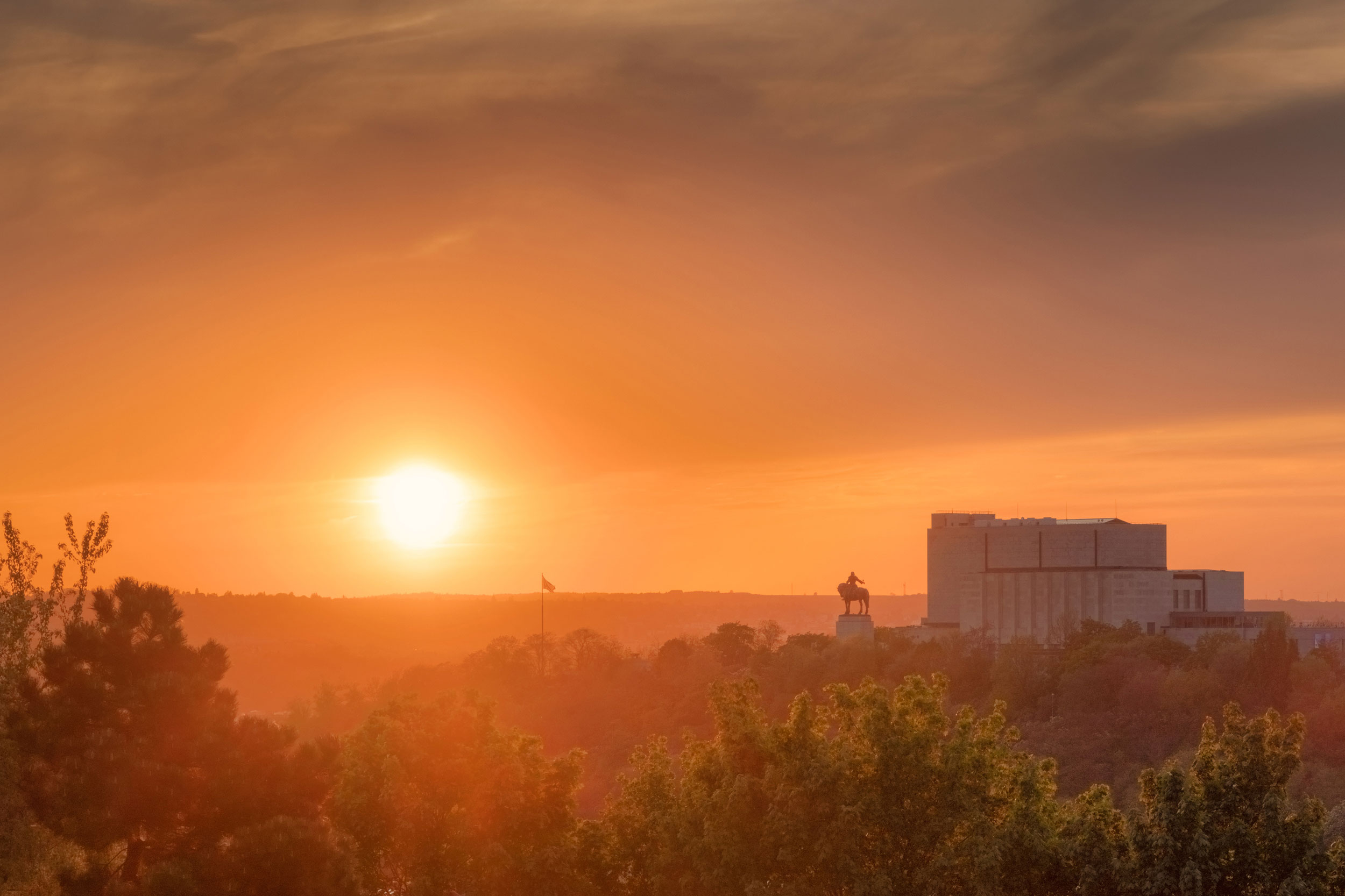 Beautiful silhouettes of Vitkov hill at he sunset, Prague, Czech